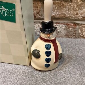 Russ Snowman Bell with Black Hat and Blue Hearts